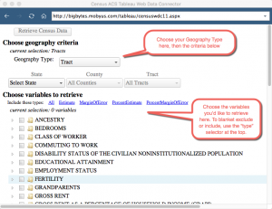 Select Geographic criteria and variables you'd like to retrieve in the web connector interface.